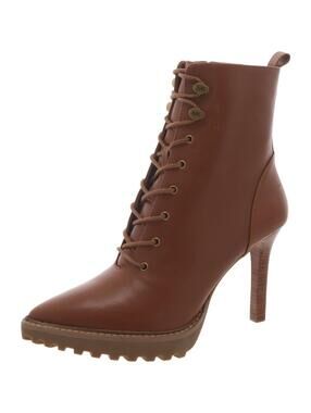 Michael Kors Kyle Lace-Up Bootie Boots Luggage Leather Zip 3.75" Heel 7M NEW